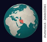 Islamic Republic of Iran on the map. Globe centered to Iran. Country location on the world map. Teal Pale Mint color palette. Globe with countries, meridians and parallels. Modern vector illustration.