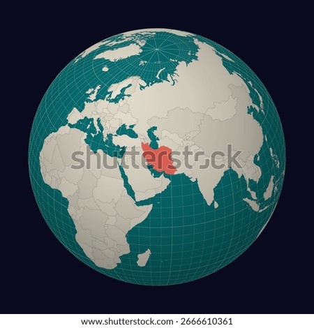 Islamic Republic of Iran on the map. Globe centered to Iran. Country location on the world map. Teal Pale Mint color palette. Globe with countries, meridians and parallels. Modern vector illustration.