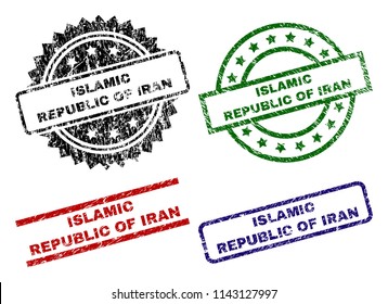 ISLAMIC REPUBLIC OF IRAN seal prints with damaged style. Black, green,red,blue vector rubber prints of ISLAMIC REPUBLIC OF IRAN label with dust texture. Rubber seals with circle, rectangle,
