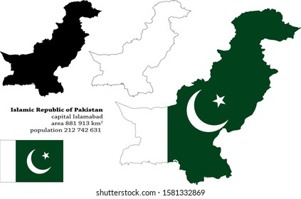 Islamic Republic of Pakistan vector map, flag, borders, mask , capital, area and population infographic