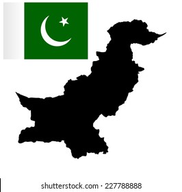 Islamic Republic of Pakistan vector map isolated on white background silhouette. High detailed illustration. National flag of Pakistan with correct proportions and color scheme.