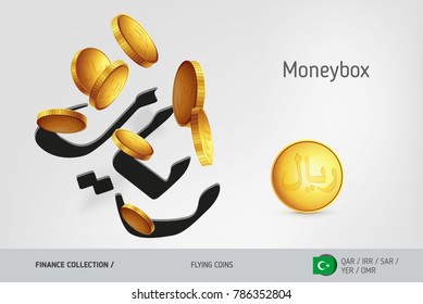Islamic Rial money box with flying Islamic Rial coins, finance concept. Vector illustration for print, websites, web design, mobile app, infographics.