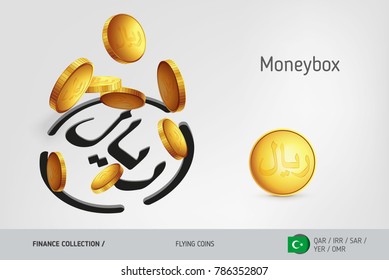 Islamic Rial money box with flying Islamic Rial coins, finance concept. Vector illustration for print, websites, web design, mobile app, infographics.