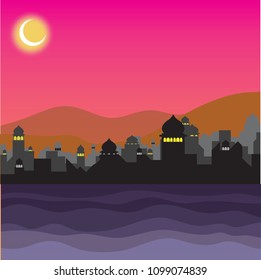 Islamic river side city vector background