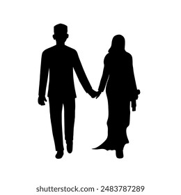 Islamic romantic couple silhouette hand in hand front view woman holding flowers vector illustration