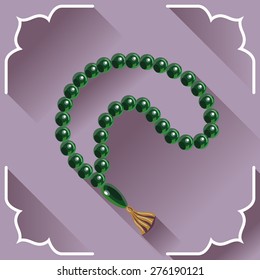 Islamic rosary vector illustration. Prayer beads with oriental frame. Greeting card, icon, design element.