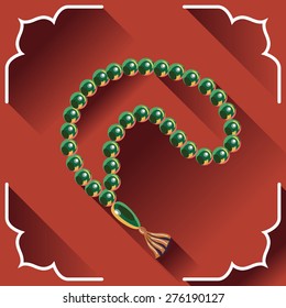 Islamic rosary vector illustration. Prayer beads with oriental frame. Greeting card, icon, design element.