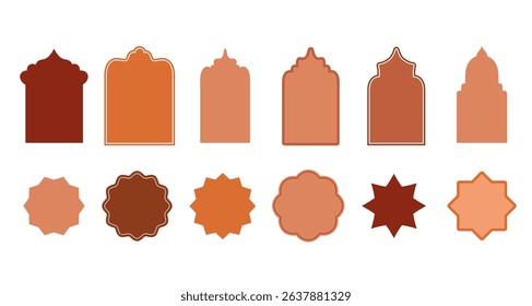 Islamic round frame, brown shape, design template, vector flat illustration. Collection of oriental style arab windows and arches in boho style