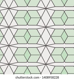 Islamic Sacred Geometric Simple Line Art Deco, Brown and Cream, Black and White Shapes Tiles Mosaic Mesh Surface Seamless Repeat Vector Pattern.  Made from hexagons.  Soft green accent color.
