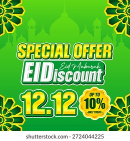 Rebajas Islámicas Hasta Un 10% De Descuento En Plantilla De Vector. Anuncio verde con 12.12 descuento texto y mezquita para Eid marketing.