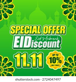 Rebajas Islámicas Hasta Un 10% De Descuento En Plantilla De Vector. Anuncio verde con 11.11 descuento texto y mezquita para Eid marketing.
