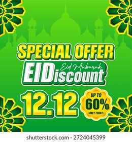 Venta Islámica Hasta 60% De Descuento En Plantilla De Vector. Anuncio verde con 12.12 descuento texto y mezquita para Eid marketing.