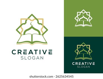 Logo de la escuela islámica. Cúpula con diseño de logotipo de libro abierto para la educación y el Islam