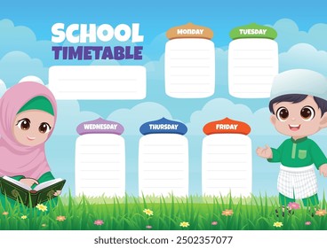 Islamic school timetable template, a pair of Muslim children with a fresh natural landscape vector illustration