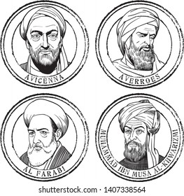 Islamic scientists portraits stamp set, illustration