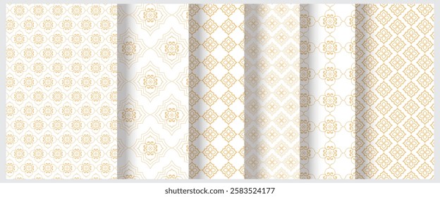 Islamic Seamless geometric pattern in authentic arabian Subtle simple golden islamic design style, Collection of seamless ornamental white abstract islamic background with arabian pattern style.