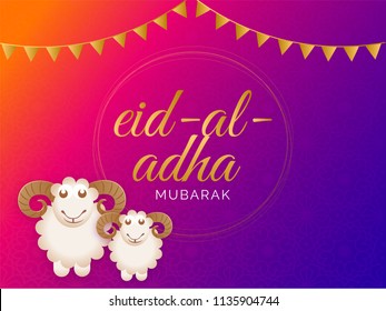 Islamic seamless pattern colorful greeting card design with sheep illustration and decorated with golden bunting flag for Eid Al Adha (Festival of Sacrifice) celebration concept.