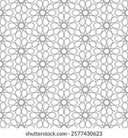 Islamic seamless pattern. Morocco grey patern on white background. Islam geometric mosaic. Marocco motif. Arab line stars. Ottoman ornament. Arabesque texture for design prints. Vector illustration