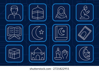 Ícone de conjunto islâmico. Mesquita, oração, crescente, livro, vela, mão, estrela, arquitetura, religião, adoração, espiritualidade, crença, fé, paz, símbolo, noite, tradição, santo, cultura, sagrado