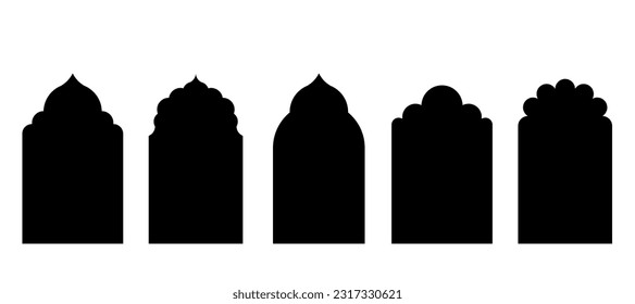 Islamic shape of door arches. Set of oriental style Arabic doors and windows. Arabian shape arch. Design element for Islamic design, label, banner. Ramadan Kareem. Vector flat illustration