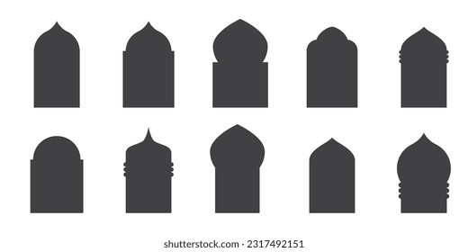 Islamic shape of door arches. Set of oriental style arabic doors or windows. Design element for Ramadan kareem, islamic design, label, banner. Arabian shape arch. Vector flat illustration