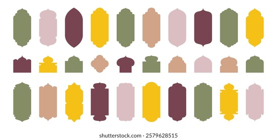 Islamic Shape door, window silhouette Arabic arch. Oriental Collection. Frames in Arabian Muslim design for Ramadan Kareem. Mosque gate isolated shape. Vector illustration