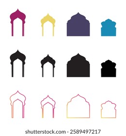 Islamic Shape door, window silhouette Arabic arch. Frames in Arabian Muslim design for Ramadan Kareem. Mosque gate isolated shape. Colorful Islamic Archways.