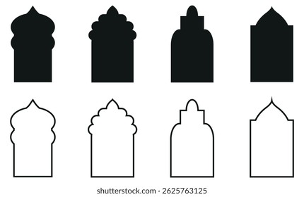 Islamic Shape door, window silhouette Arabic arch. Oriental Collection. Mosque gate shape. Frames in Arabian Muslim design for Ramadan Kareem.