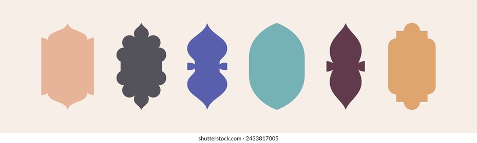 Islamic shape frame window illustrations collection. Arabian architecture geometric arch door silhouettes set. Ramadan Kareem mosque gates icons. Isolated