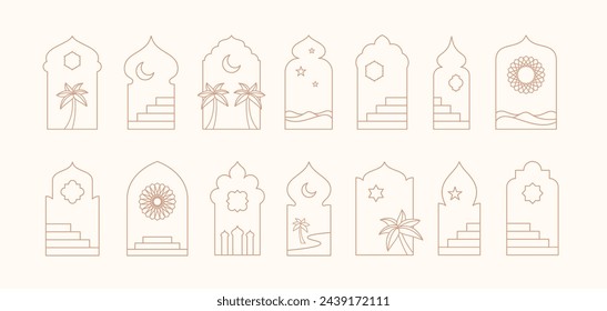 Islamic shape frame window illustrations collection. Arabian architecture geometric arch door with stairs, palms, stars and moon silhouettes set. Ramadan Kareem mosque gates landscape icons. Isolated