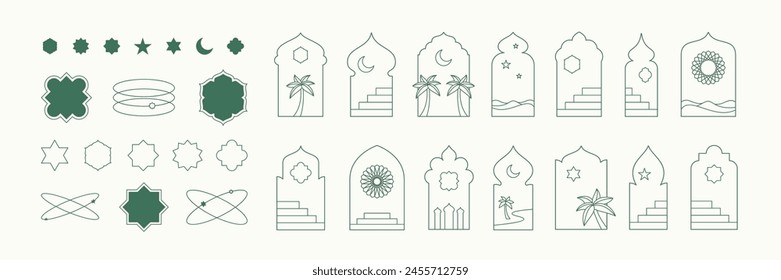 Islamic shape frame window illustrations collection. Arabian architecture geometric arch door with stairs, palms, stars and moon silhouettes set. Ramadan Kareem mosque gates landscape icons. Isolated