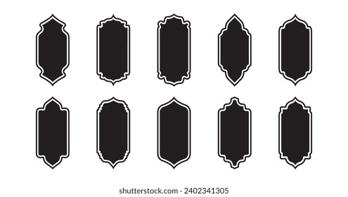 Islamic shape, indian arch, arab frame, ramadan ornament, islam door or window, east black silhouette isolated on white background. Oriental vector illustration