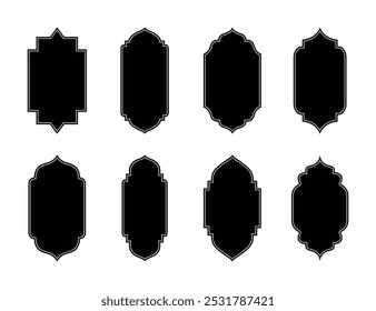 Islamic shape set blank template in black color vector illustration. Islamic Shape door, window silhouette Arabic arch. Oriental collection. Frames in Arabian Muslim design for Ramadan Kareem.