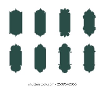 Islamic shape set blank template in green color vector illustration. Islamic Shape door, window silhouette Arabic arch. Islamic gate designs. Frames in Arabian Muslim design elements for decoration.