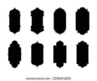 Islamic shape set blank template in black color vector illustration. Islamic Shape door, window silhouette Arabic arch. Oriental collection. Frames in Arabian Muslim design for Ramadan Kareem.