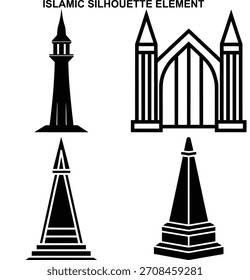 Coleção de elementos de silhueta islâmica com minaretes de mesquita e projetos arquitetônicos