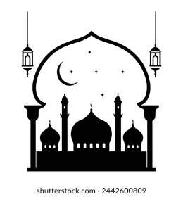 Mezquita de silueta islámica en el crepúsculo vector