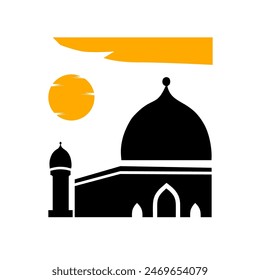 Islamic simple vector icon, mosque and sun shining above it, cloud,symbol, logo,background.