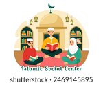 Islamic Social Center Vector Illustration Featuring Mosques, Educational Institutions for Islamic Studies and Development in flat Cartoon Background