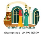 Islamic Social Center Vector Illustration Featuring Mosques, Educational Institutions for Islamic Studies and Development in flat Cartoon Background