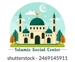 Islamic Social Center Vector Illustration Featuring Mosques, Educational Institutions for Islamic Studies and Development in flat Cartoon Background