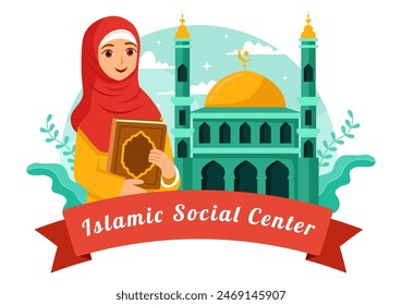 Islamic Social Center Vector Illustration Featuring Mosques, Educational Institutions for Islamic Studies and Development in flat Cartoon Background