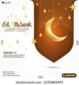 Islamic social media banner design template in an isolated background. Eid mubarak design. Ramadan Kareem mubrark social media poster design with hanging realistic half moon, lantern, star, and mosque