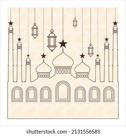 Islamic square background with line art mosque and lantern illustration