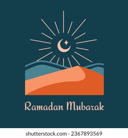 Islamic square banner with illustration of arabian desert, minimalistic landscape. Vector modern clip art in boho oriental style. Ramadan Mubarak. Eid al-Fitr.