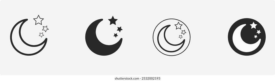 Islamic star and crescent moon, black and white vector illustration.