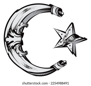 Islamic star and crescent symbol created in old vintage style