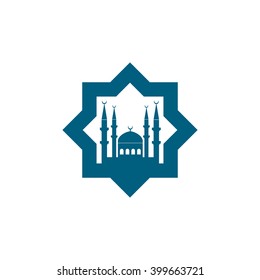 Islamic star, mosque and minarets. Vector icon blue
