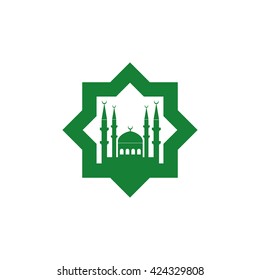 Islamic star, mosque and minarets. Vector icon green
