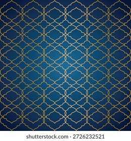 An islamic stunning geometric pattern with a deep blue background adorned with golden lines forming complex, interlocking shapes.